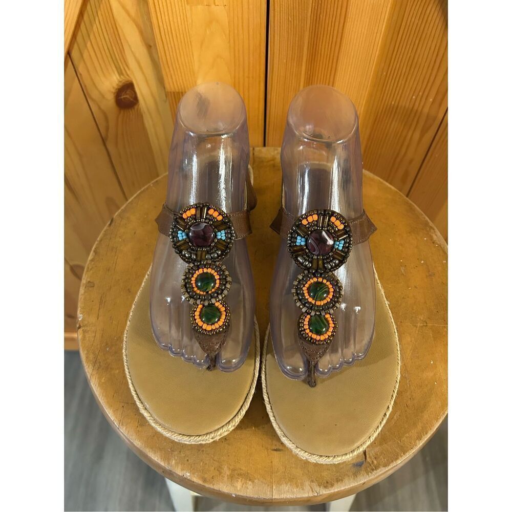 Gently Used b.o.c. Brown Beaded T-Strap Sandals